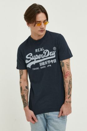 Superdry tricou din bumbac culoarea albastru marin, cu imprimeu