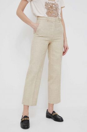 Sisley pantaloni femei, culoarea bej, drept, high waist