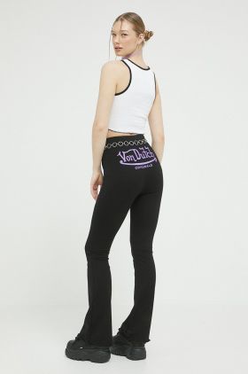 Von Dutch pantaloni femei, culoarea negru, evazati, high waist