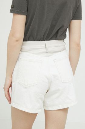 Abercrombie & Fitch pantaloni scurti jeans femei, culoarea bej, neted, high waist