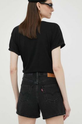 Levi's pantaloni scurti jeans femei, culoarea negru, neted, high waist