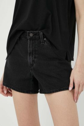 Levi's pantaloni scurti jeans femei, culoarea negru, neted, high waist