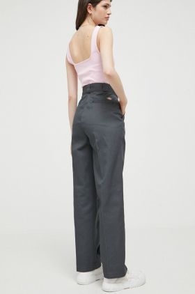 Dickies pantaloni femei, culoarea gri, drept, high waist