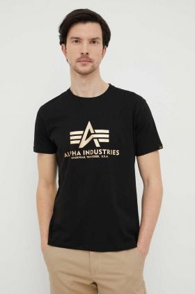 Alpha Industries tricou din bumbac Basic T-Shirt Foil Print culoarea negru, cu imprimeu 100501FP.583-BlackGold