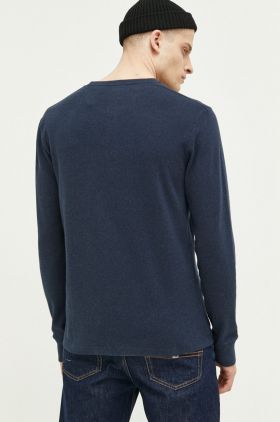 Superdry longsleeve din bumbac culoarea albastru marin, neted