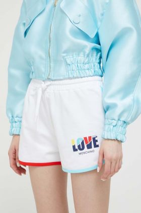 Love Moschino pantaloni scurti femei, culoarea alb, cu imprimeu, high waist