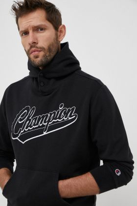 Champion bluza barbati, culoarea negru, cu glugă, cu imprimeu