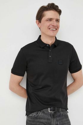 BOSS polo de bumbac culoarea negru, melanj