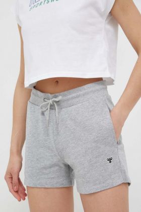 Hummel pantaloni scurti femei, culoarea gri, melanj, medium waist