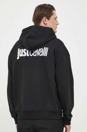 Just Cavalli hanorac de bumbac barbati, culoarea negru, cu glugă, cu imprimeu