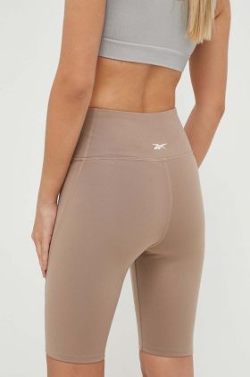 Reebok pantaloni scurți de antrenament Lux culoarea bej, neted, high waist