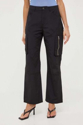 Herskind pantaloni femei, culoarea negru, fason cargo, high waist