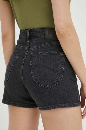 Lee pantaloni scurti jeans Carol femei, culoarea negru, neted, high waist