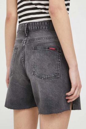 Superdry pantaloni scurti jeans femei, culoarea gri, neted, high waist