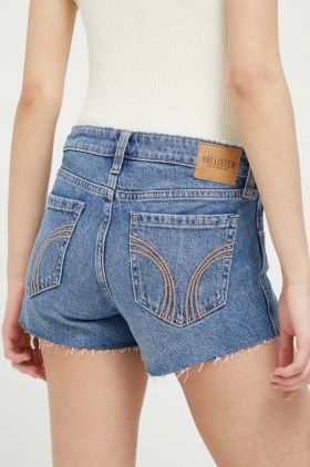 Hollister Co. pantaloni scurti jeans femei, culoarea albastru marin, neted, high waist