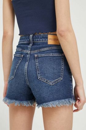 Hollister Co. pantaloni scurti jeans femei, culoarea albastru marin, neted, high waist