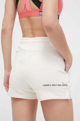 Puma pantaloni scurti din bumbac culoarea bej, cu imprimeu, high waist