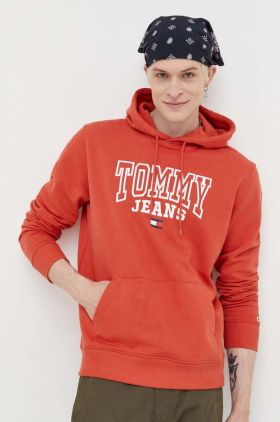 Tommy Jeans hanorac de bumbac barbati, culoarea portocaliu, cu glugă, cu imprimeu