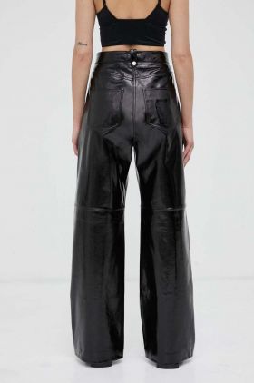 2NDDAY pantaloni de piele femei, culoarea negru, drept, high waist