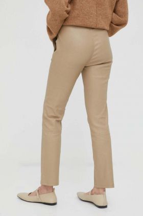 2NDDAY pantaloni de piele femei, culoarea bej, drept, high waist