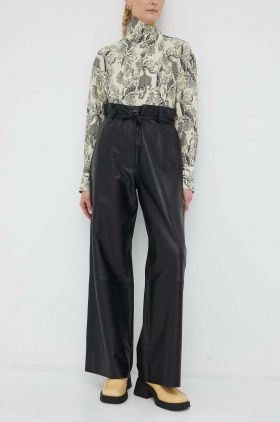 Day Birger et Mikkelsen  pantaloni de piele femei, culoarea negru, lat, high waist