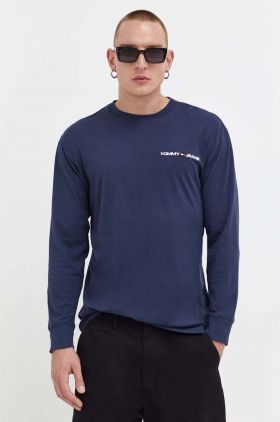 Tommy Jeans longsleeve din bumbac culoarea albastru marin, neted