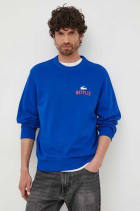 Lacoste hanorac de bumbac x Netflix bărbați, culoarea bleumarin, cu model SH7717-JQ0