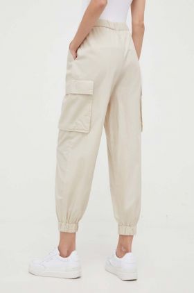 Sisley pantaloni de bumbac culoarea bej, fason cargo, high waist