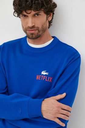 Lacoste hanorac de bumbac x Netflix bărbați, culoarea bleumarin, cu model SH7717-JQ0