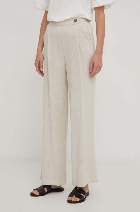 Answear Lab pantaloni din in culoarea bej, drept, high waist