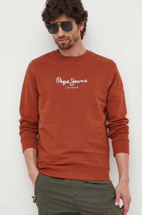 Pepe Jeans hanorac de bumbac barbati, culoarea maro, cu imprimeu