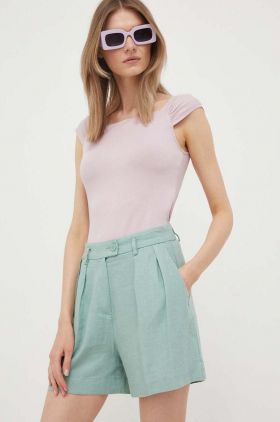 Sisley pantaloni scurti din in culoarea verde, neted, high waist