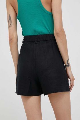 Sisley pantaloni scurti din in culoarea negru, neted, high waist