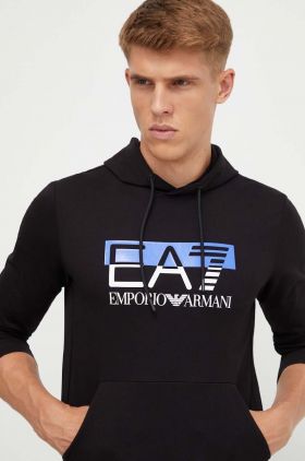 EA7 Emporio Armani hanorac de bumbac barbati, culoarea negru, cu glugă, cu imprimeu