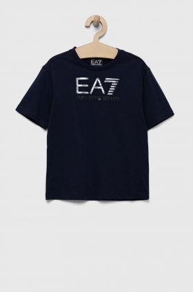 EA7 Emporio Armani tricou de bumbac pentru copii culoarea albastru marin, cu imprimeu