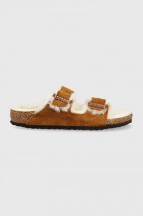 Birkenstock papuci din piele intoarsa pentru copii culoarea maro