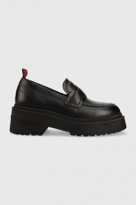 Tommy Jeans mocasini de piele TJW AVA LOAFER femei, culoarea negru, cu platforma, EN0EN02218