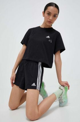 adidas pantaloni scurți femei, culoarea negru, cu imprimeu, high waist  HT3397