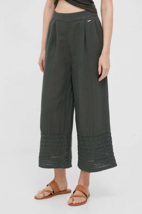 Pepe Jeans pantaloni din in Feva culoarea verde, lat, high waist