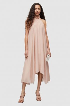 AllSaints rochie de matase culoarea roz, midi, evazati