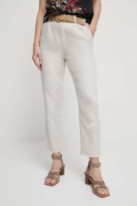 Medicine pantaloni din in femei, culoarea bej, drept, medium waist