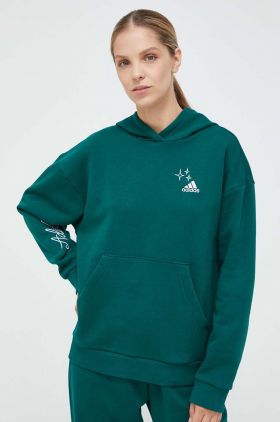 adidas bluza femei, culoarea verde, cu glugă, cu imprimeu