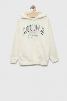 adidas Originals bluza copii culoarea bej, cu glugă, cu imprimeu