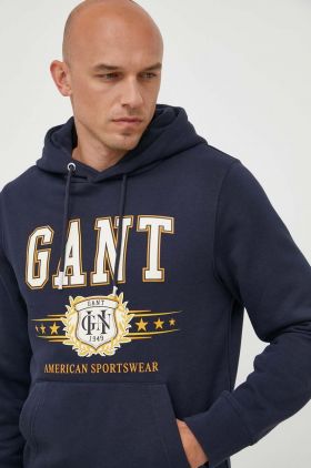 Gant bluza barbati, culoarea albastru marin, cu glugă, cu imprimeu