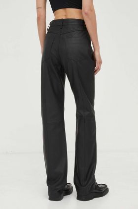 Remain pantaloni de piele femei, culoarea negru, lat, high waist