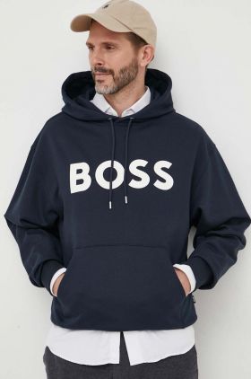 BOSS hanorac de bumbac bărbați, culoarea bleumarin, cu glugă, imprimeu 50496661