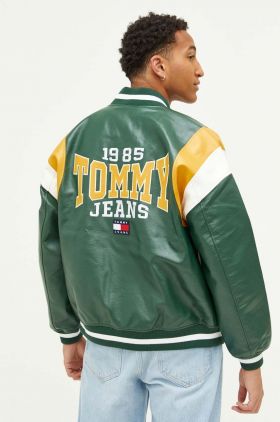 Tommy Jeans geaca bomber barbati, culoarea verde, de tranzitie, oversize