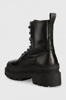 Tommy Jeans bocanci de piele TJW FOXING LACE UP femei, culoarea negru, cu toc plat, EN0EN02217