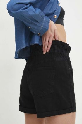 Answear Lab pantaloni scurti jeans femei, culoarea negru, neted, high waist