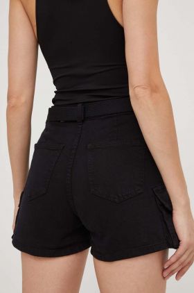 Answear Lab pantaloni scurti jeans femei, culoarea negru, neted, high waist